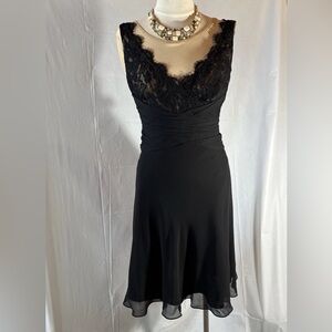 VTG Ann Klein Silk Dress W/ Lace V Neck Cami Top Black Evening Dress Cocktail 10